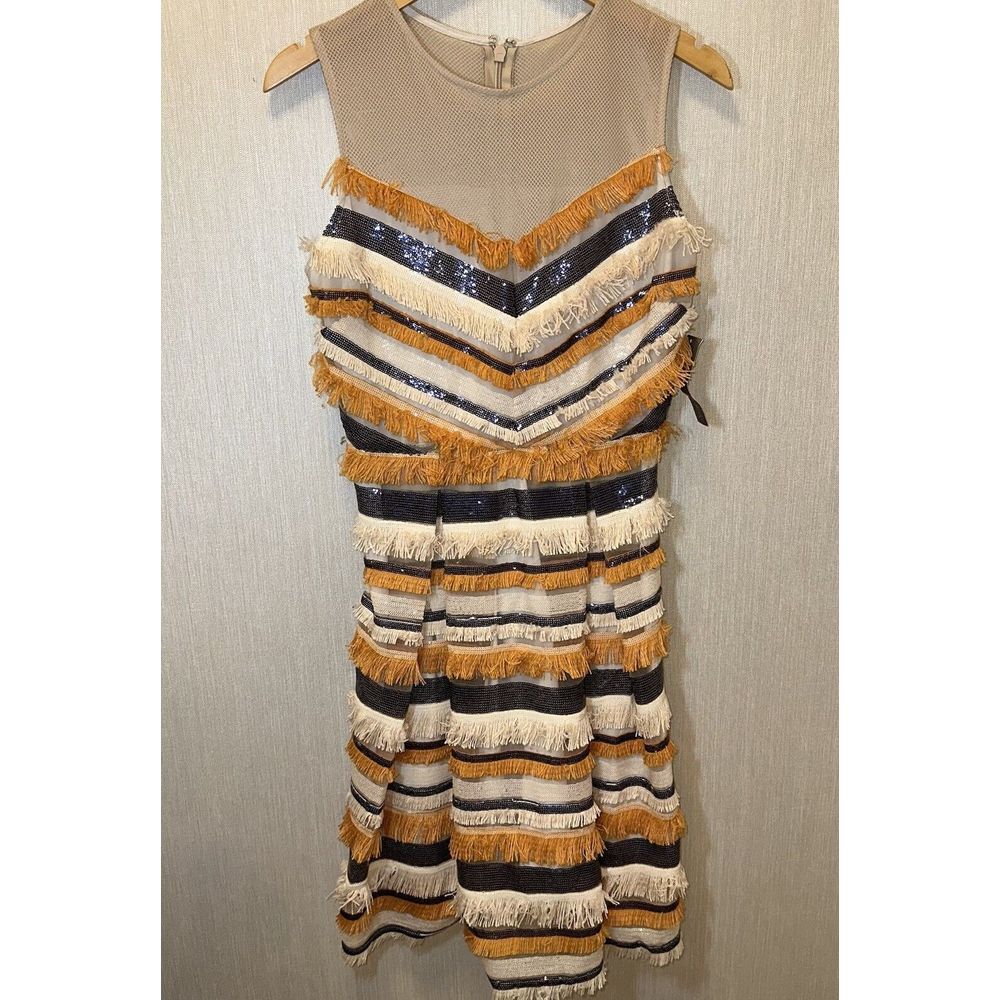 NWT Eva Mendez Dress Orange Woman Sz 4 Orange Cream Sequin Flapper Style Fringe